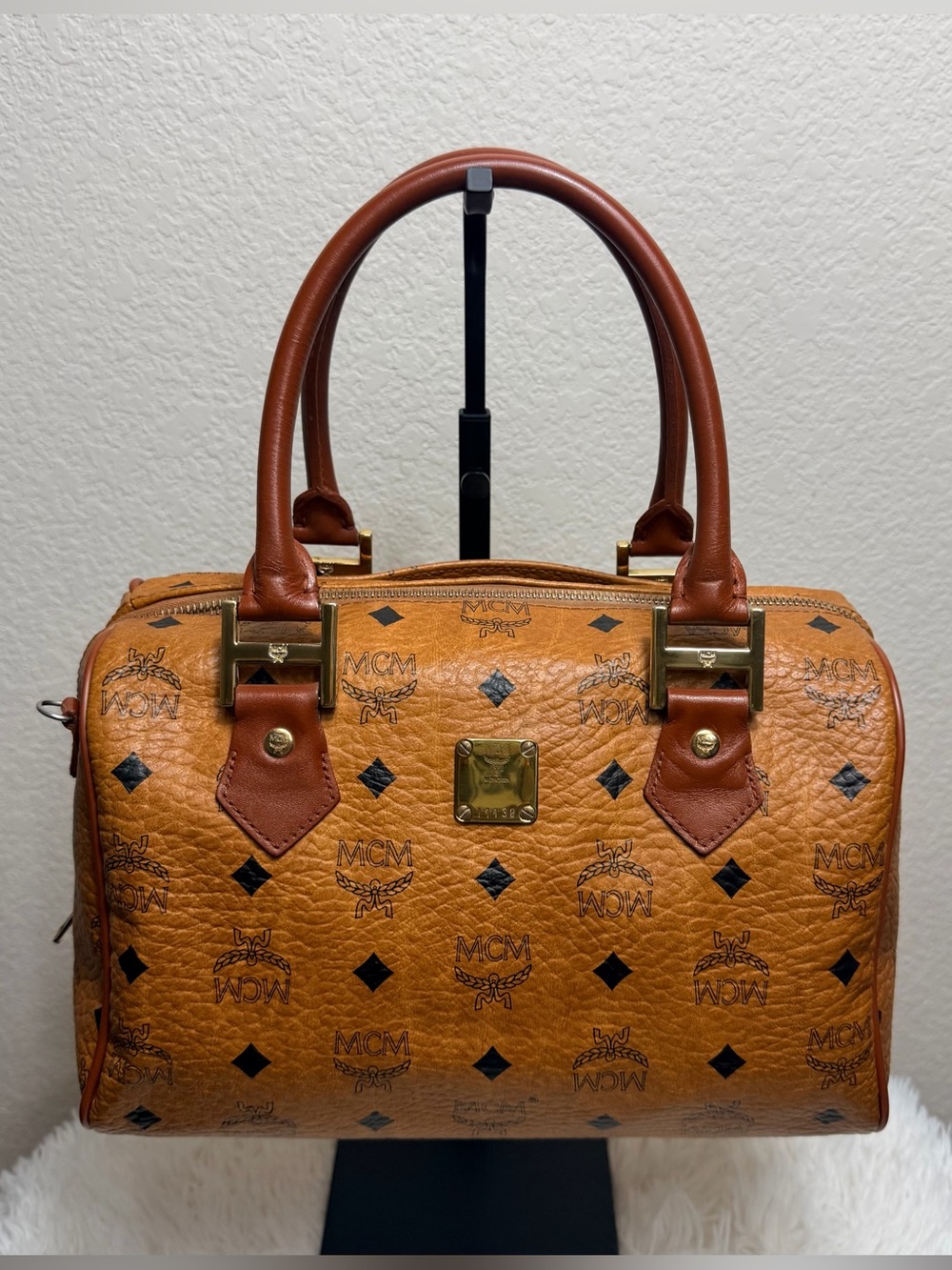 MCM Cognac Logo Visetos Satchel with Brown Trim EUC